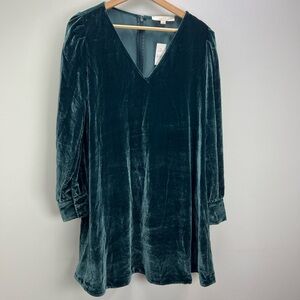 Loft Green Velvet Long Sleeve Dress V Neck Gold Buttons Womens Medium New